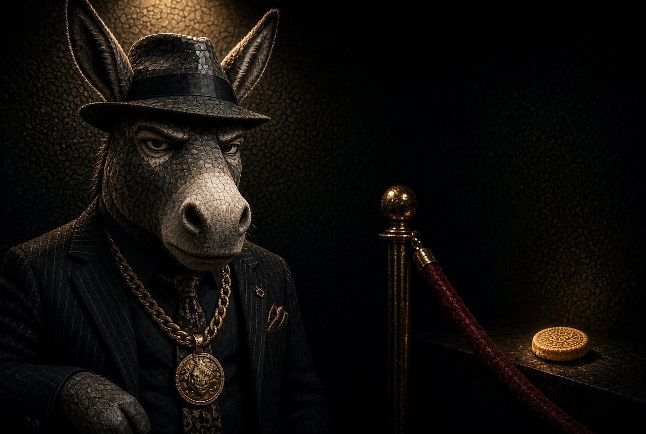 Gus, the donkey at the door, by the velvet rope